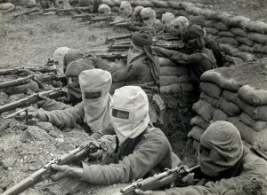 Indian infantry in the trenches, prepared against a gas attack [Fauquissart, France]