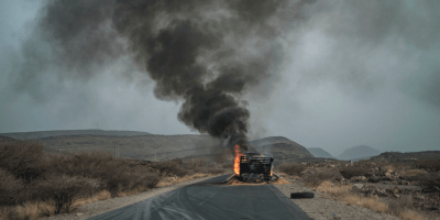 A truck, carrying grains to Tigray and belonging to the World Food Programme (WFP), burns in the Afar region in Ethiopia.