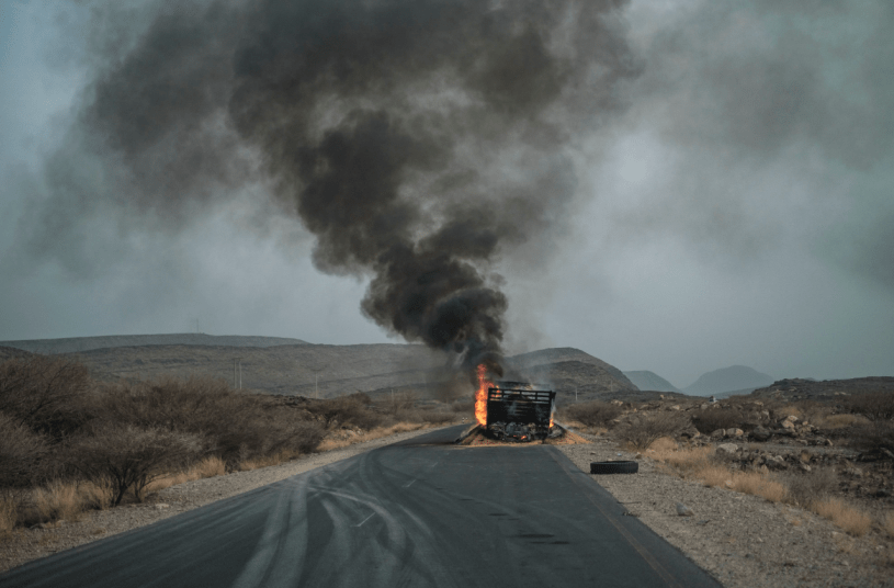 A truck, carrying grains to Tigray and belonging to the World Food Programme (WFP), burns in the Afar region in Ethiopia.