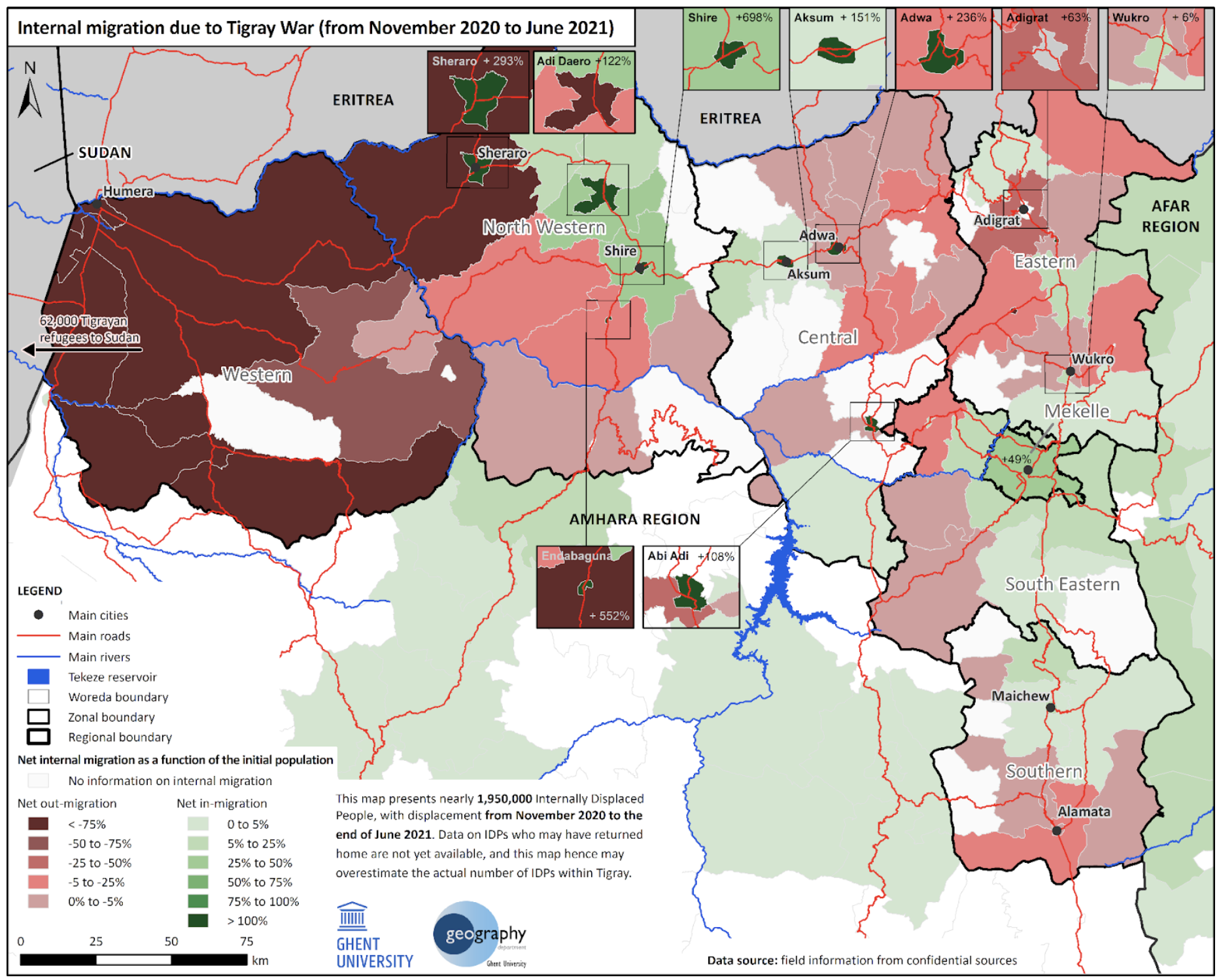 Western Tigray is the place of origin of most Internally Displaced People from Tigray. Map by Dr. Sofie Annys. Source: Tigray: Atlas of the Humanitarian Situation