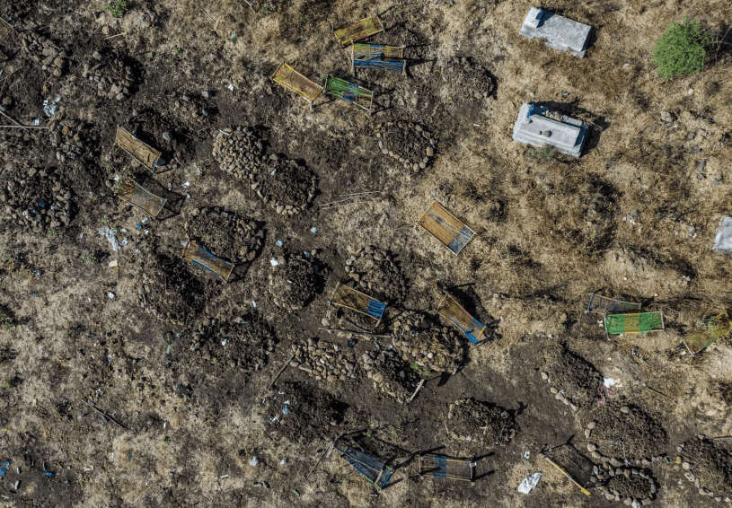 An aerial photograph from November 2020 shows a mass grave for victims of a suspected massacre in Mai Kadra, Ethiopia