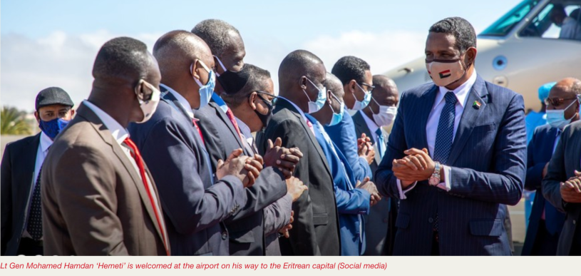 Lt Gen Mohamed Hamdan ‘Hemeti’ is welcomed at the airport on his way to the Eritrean capital January 2021