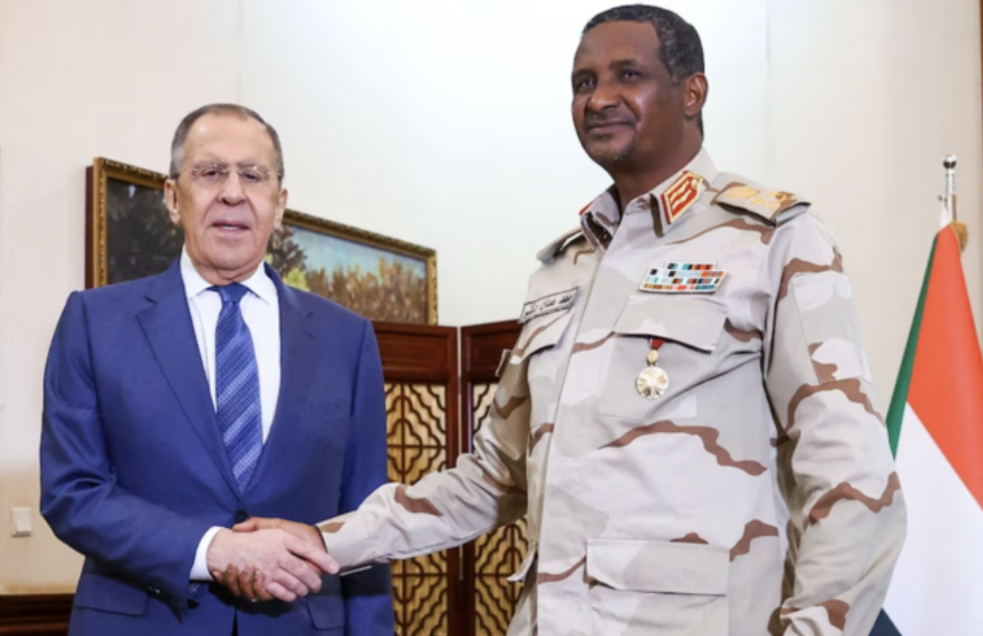 Russian Foreign Minister Sergei Lavrov meets with Sudan’s paramilitary commander Mohamed Hamdan Dagalo also known as Hemedti in Khartoum, Sudan in February 2023. - Russian Foreign Ministry