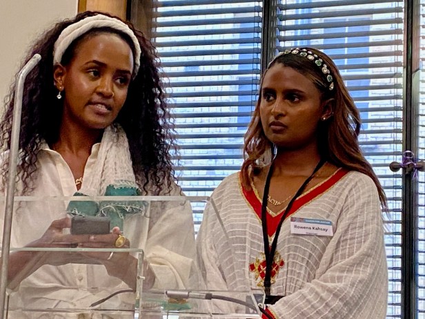 Rita Kahsay who has come from the Um Rakuba refugee camp in Sudan, with her cousin Rowena