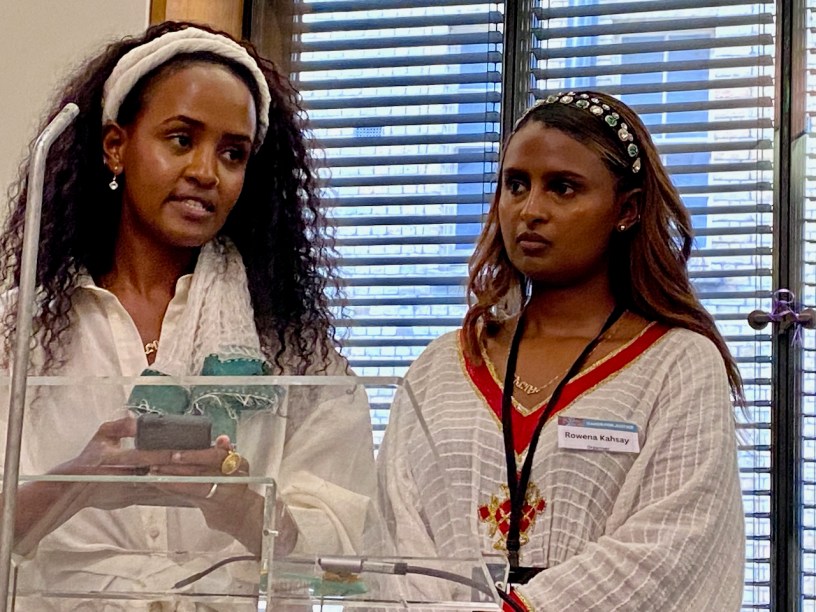 Rita Kahsay who has come from the Um Rakuba refugee camp in Sudan, with her cousin Rowena