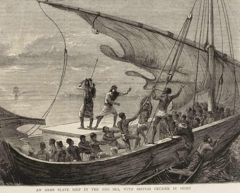 An Arab slave ship in the Red sea, with British cruiser in sight Published in 'The Graphic', 25 April 1874