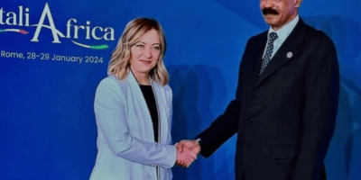 Italian Prime Minister Giorgia Meloni welcomes Eritrea's President Isaias Afwerki January 2024