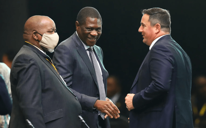 Gwede Mantashe, Paul Mashatile and John Steenhuisen talk at the 7th Parliament first sitting of the National Assembly at the CTICC. 14th June 2024