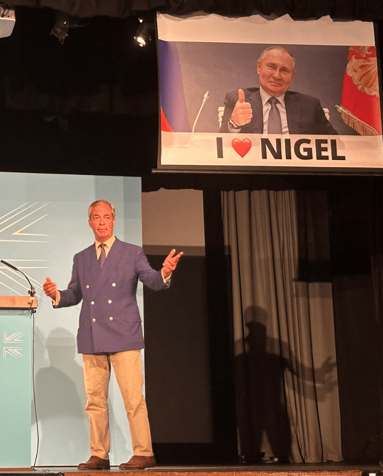 UK Reform leader Farage speech interrupted by banner mocking Putin views
