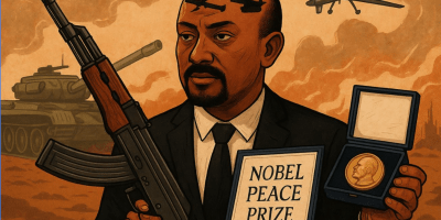 Abiy Ahmed with Nobel Prize and guns