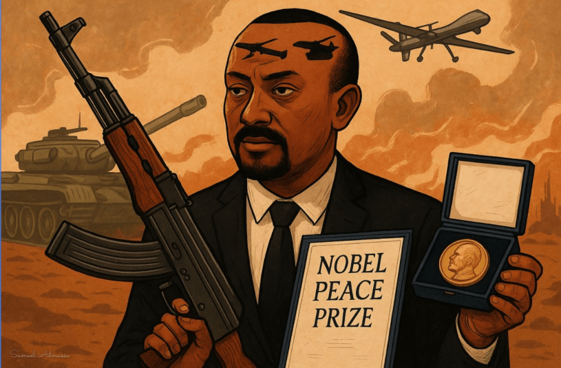 Abiy Ahmed with Nobel Prize and guns