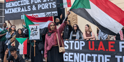 Sudanese protesters demonstrating in front of the UAE’s embassy in London on June 22, 2024