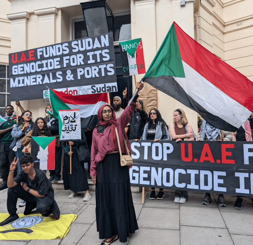 Sudanese protesters demonstrating in front of the UAE’s embassy in London on June 22, 2024