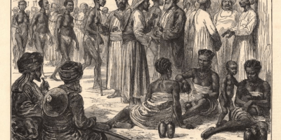 Omani enslavers and Indian financiers examine African slaves in the market in Zanzibar, Graphic, 3 May 1887