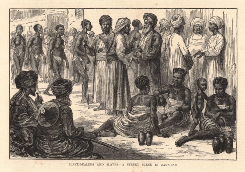 Omani enslavers and Indian financiers examine African slaves in the market in Zanzibar, Graphic, 3 May 1887