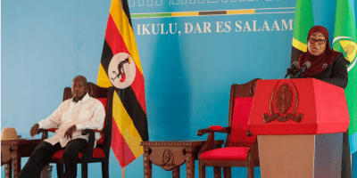 President Samia Suluhu Hassan addresses a joint press conference with President Yoweri Museveni during his working visit at the State House grounds in Dar es Salaam, Tanzania on February 7, 2026.