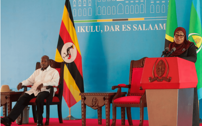 President Samia Suluhu Hassan addresses a joint press conference with President Yoweri Museveni during his working visit at the State House grounds in Dar es Salaam, Tanzania on February 7, 2026.