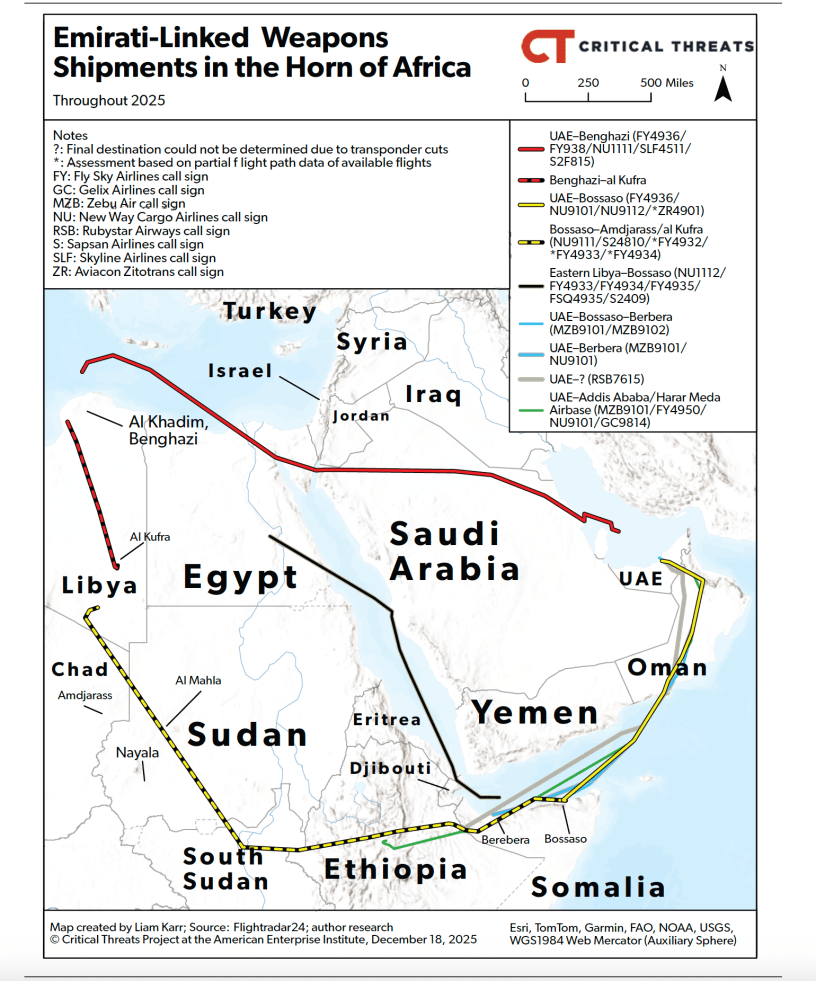 Map of arms supplies by UAE to Sudan's RSF