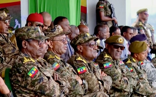 Ethiopian officers listening to Ethiopian Chief of Staff Field Marshal Birhanu Jula
